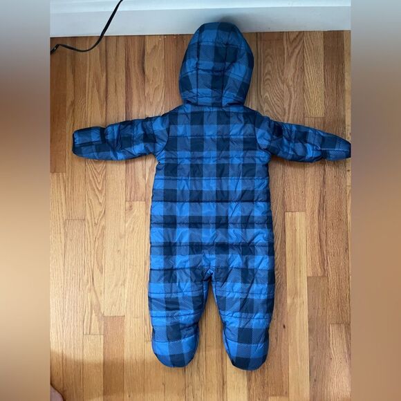 Eddie Bauer Snowsuit Baby 12 Month Navy Blue Plaid Cream Sherpa Down Hooded Suit - Picture 7 of 7